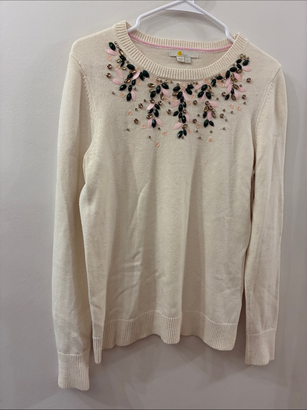 Boden Embellished Cream Women's Sweater with Jewel Detail - medium